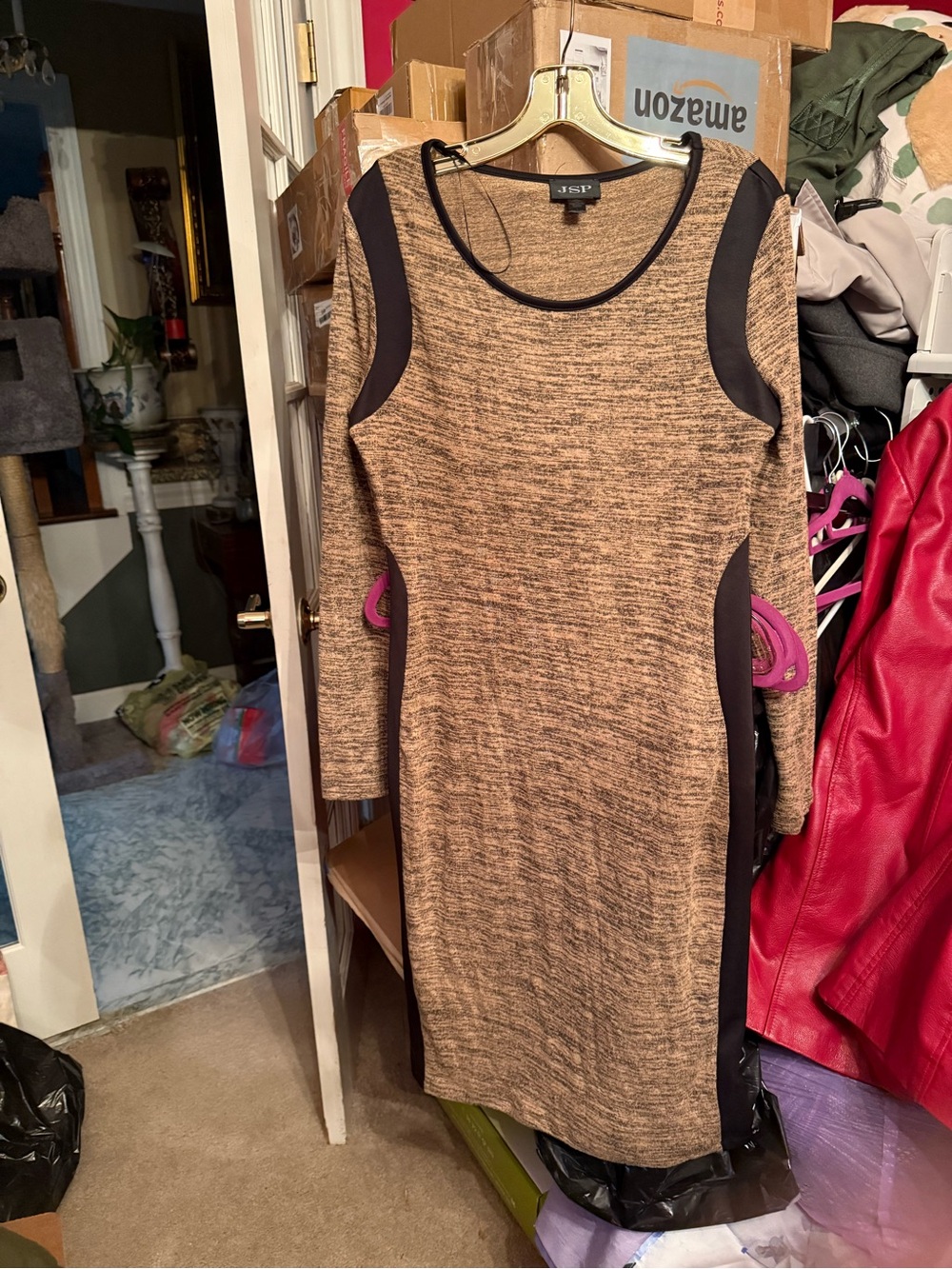 JSP Tan and Black Long Sleeve Ponte Sheath Dress - Picture 1 of 4